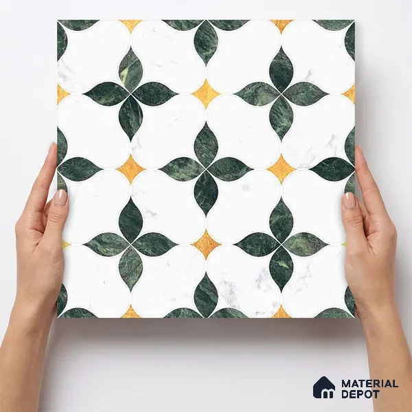 Moroccan Carving Wall & Floor Tile TL 11668 Emerald Bloom 1 ft x 1 ft Ceramic Carving Matte Finish Tile - 10 mm | Suitable For Bathroom, Dining Area, Kitchen