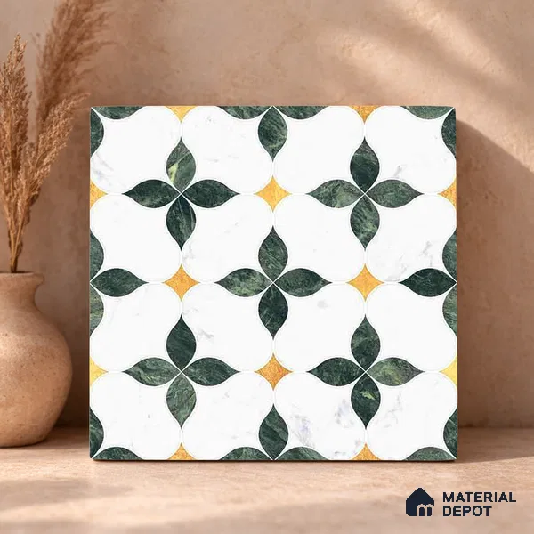 Moroccan Carving Wall & Floor Tile TL 11668 Emerald Bloom 1 ft x 1 ft Ceramic Carving Matte Finish Tile - 10 mm | Suitable For Bathroom, Dining Area, Kitchen