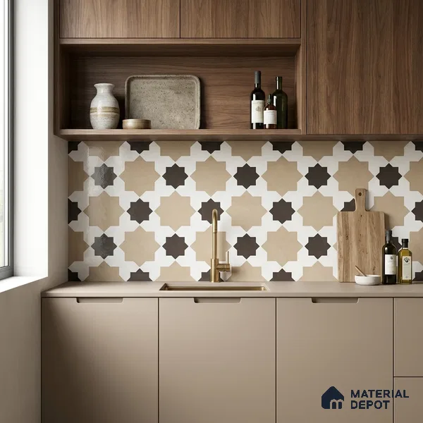 Moroccan Wall & Floor Tile TL 11110 Mosaic Star 1 ft x 1 ft Ceramic Matte Finish Tile - 10 mm | Suitable For Kitchen, Bathroom, Balcony