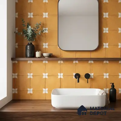 Modern bathroom walkthrough with mustard patterned wall tiles and walnut wood countertop