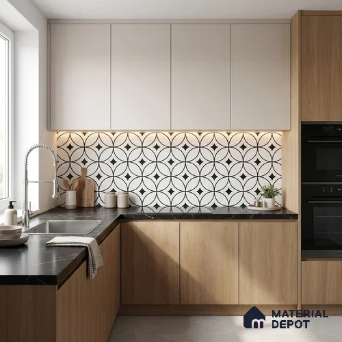 Moroccan Monochrome Wall & Floor Tile TL 11133 Luna Noir 1 ft x 1 ft Ceramic Matte Finish Tile - 10 mm | Suitable For Kitchen, Bathroom, Balcony