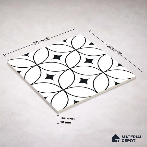 Moroccan Monochrome Wall & Floor Tile TL 11133 Luna Noir 1 ft x 1 ft Ceramic Matte Finish Tile - 10 mm | Suitable For Kitchen, Bathroom, Balcony