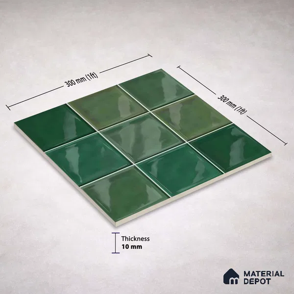 Faux Subway Wall Tile TL 11316 Emerald Mist 1 ft x 1 ft Ceramic Glossy Finish Tile - 10 mm | Suitable For Bathroom, Dining Area, Kitchen Backsplash