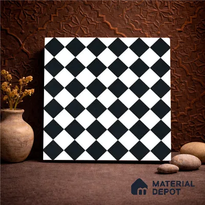 Moroccan Monochrome Wall & Floor Carpet Center Tile TL 11158 Noir Chess 1 ft x 1 ft Ceramic Matte Finish Tile - 10 mm | Suitable For Living Room, Kitchen, Bathroom