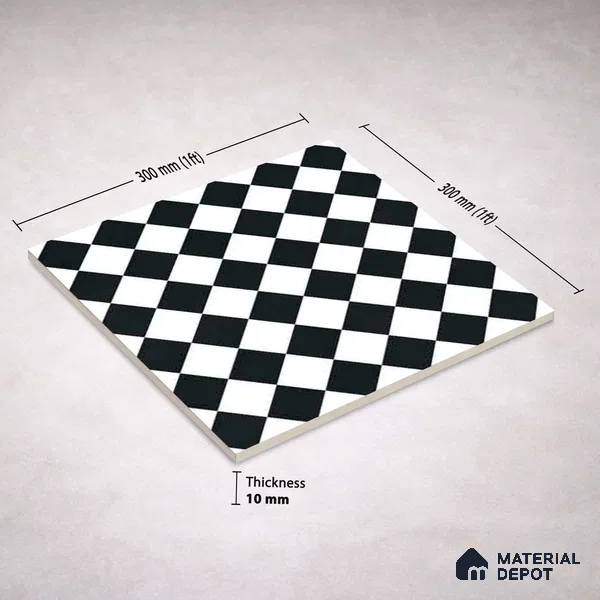 Moroccan Monochrome Wall & Floor Carpet Center Tile TL 11158 Noir Chess 1 ft x 1 ft Ceramic Matte Finish Tile - 10 mm | Suitable For Living Room, Kitchen, Bathroom