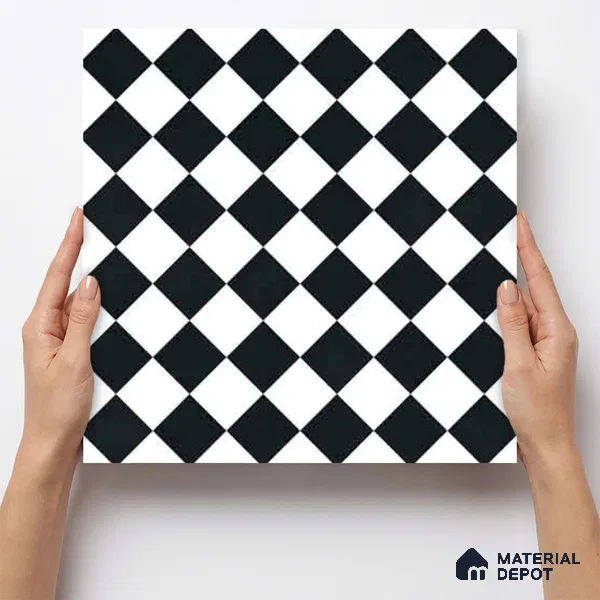 Moroccan Monochrome Wall & Floor Carpet Center Tile TL 11158 Noir Chess 1 ft x 1 ft Ceramic Matte Finish Tile - 10 mm | Suitable For Living Room, Kitchen, Bathroom