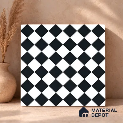 Moroccan Monochrome Wall & Floor Carpet Center Tile TL 11158 Noir Chess 1 ft x 1 ft Ceramic Matte Finish Tile - 10 mm | Suitable For Living Room, Kitchen, Bathroom
