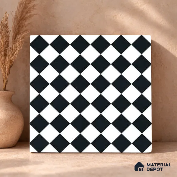 Moroccan Monochrome Wall & Floor Carpet Center Tile TL 11158 Noir Chess 1 ft x 1 ft Ceramic Matte Finish Tile - 10 mm | Suitable For Living Room, Kitchen, Bathroom