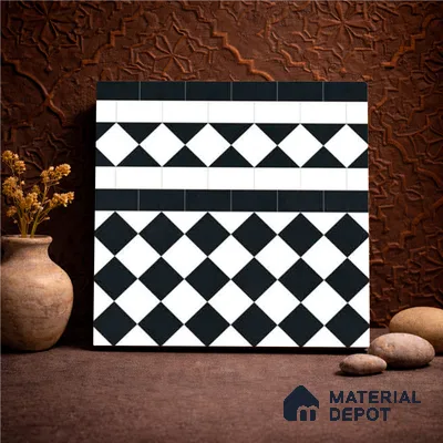 Moroccan Monochrome Wall & Floor Carpet Border Tile TL 11159 Noir Harlequin 1 ft x 1 ft Ceramic Matte Finish Tile - 10 mm | Suitable For Living Room, Kitchen, Dining Area