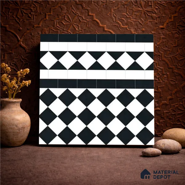 Moroccan Monochrome Wall & Floor Carpet Border Tile TL 11159 Noir Harlequin 1 ft x 1 ft Ceramic Matte Finish Tile - 10 mm | Suitable For Living Room, Kitchen, Dining Area