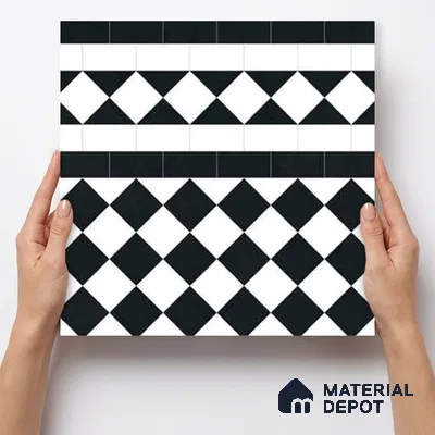 Moroccan Monochrome Wall & Floor Carpet Border Tile TL 11159 Noir Harlequin 1 ft x 1 ft Ceramic Matte Finish Tile - 10 mm | Suitable For Living Room, Kitchen, Dining Area