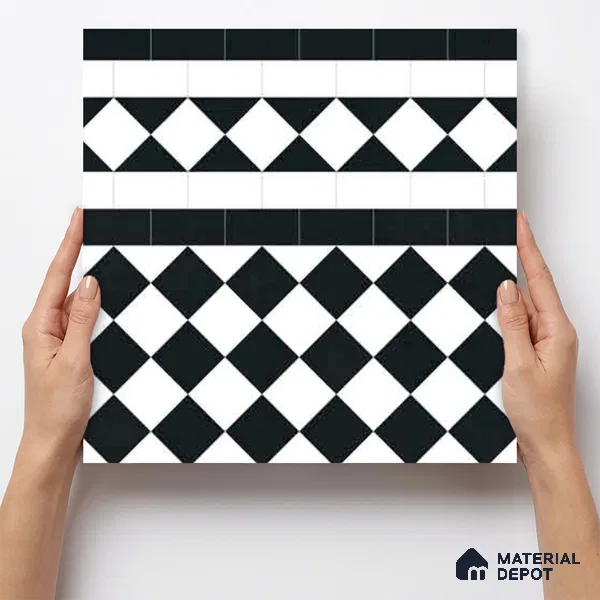 Moroccan Monochrome Wall & Floor Carpet Border Tile TL 11159 Noir Harlequin 1 ft x 1 ft Ceramic Matte Finish Tile - 10 mm | Suitable For Living Room, Kitchen, Dining Area
