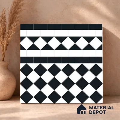 Moroccan Monochrome Wall & Floor Carpet Border Tile TL 11159 Noir Harlequin 1 ft x 1 ft Ceramic Matte Finish Tile - 10 mm | Suitable For Living Room, Kitchen, Dining Area