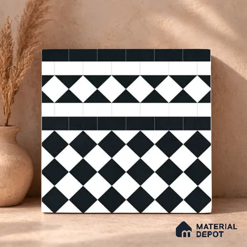 Moroccan Monochrome Wall & Floor Carpet Border Tile TL 11159 Noir Harlequin 1 ft x 1 ft Ceramic Matte Finish Tile - 10 mm | Suitable For Living Room, Kitchen, Dining Area