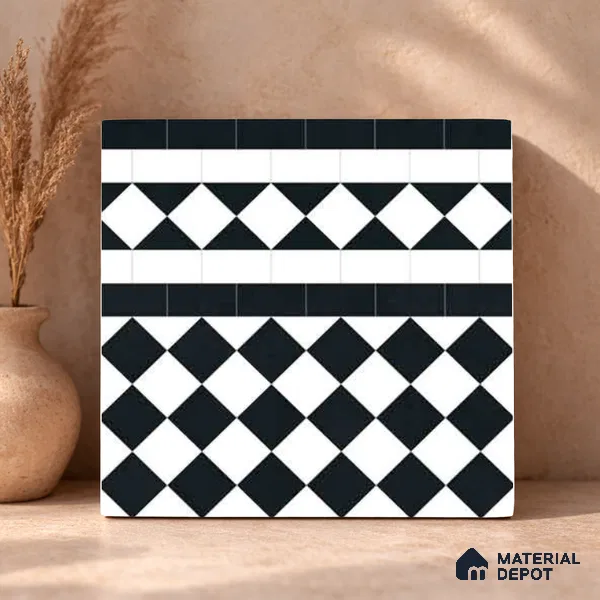 Moroccan Monochrome Wall & Floor Carpet Border Tile TL 11159 Noir Harlequin 1 ft x 1 ft Ceramic Matte Finish Tile - 10 mm | Suitable For Living Room, Kitchen, Dining Area