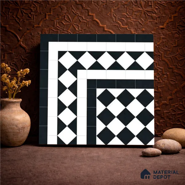 Moroccan Wall & Floor Carpet Corner Tile TL 11160 Monochrome Harlequin 1 ft x 1 ft Ceramic Matte Finish Tile - 10 mm | Suitable For Living Room, Kitchen, Dining Area