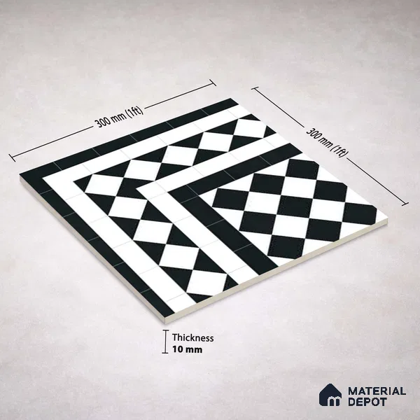 Moroccan Wall & Floor Carpet Corner Tile TL 11160 Monochrome Harlequin 1 ft x 1 ft Ceramic Matte Finish Tile - 10 mm | Suitable For Living Room, Kitchen, Dining Area