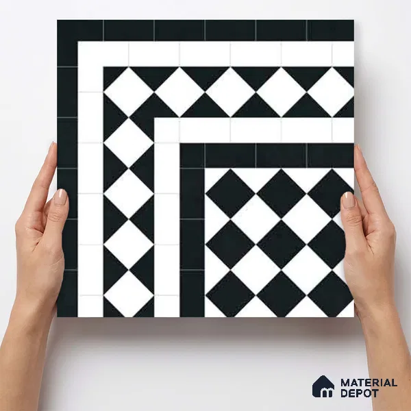 Moroccan Wall & Floor Carpet Corner Tile TL 11160 Monochrome Harlequin 1 ft x 1 ft Ceramic Matte Finish Tile - 10 mm | Suitable For Living Room, Kitchen, Dining Area