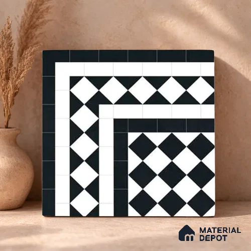 Moroccan Wall & Floor Carpet Corner Tile TL 11160 Monochrome Harlequin 1 ft x 1 ft Ceramic Matte Finish Tile - 10 mm | Suitable For Living Room, Kitchen, Dining Area