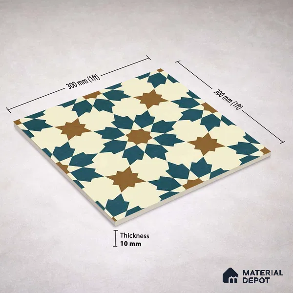 Moroccan Wall & Floor Tile TL 11102 Sahara Star 1 ft x 1 ft Ceramic Matte Finish Tile - 10 mm | Suitable For Kitchen, Bathroom, Balcony