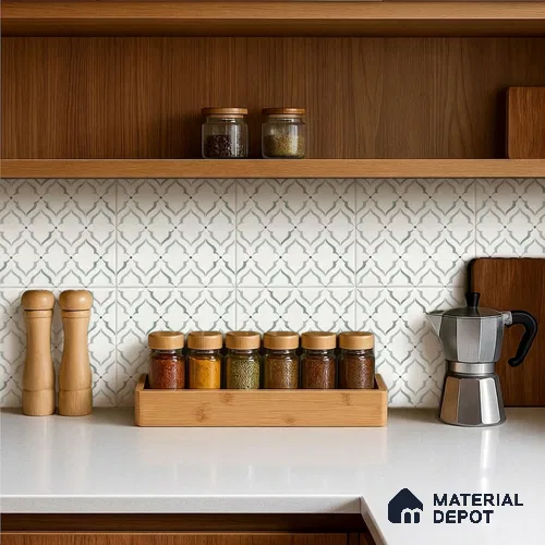 Moroccan Carving Wall & Floor Tile TL 11675 Mist Arabesque 1 ft x 1 ft Ceramic Carving Matte Finish Tile - 10 mm | Suitable For Bathroom, Dining Area, Kitchen
