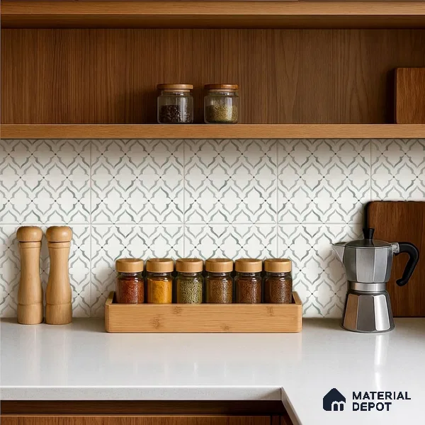 Moroccan Carving Wall & Floor Tile TL 11675 Mist Arabesque 1 ft x 1 ft Ceramic Carving Matte Finish Tile - 10 mm | Suitable For Bathroom, Dining Area, Kitchen