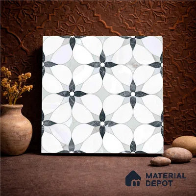 Moroccan Carving Wall & Floor Tile TL 11669 Petal Noir 1 ft x 1 ft Ceramic Carving Matte Finish Tile - 10 mm | Suitable For Bathroom, Dining Area, Kitchen