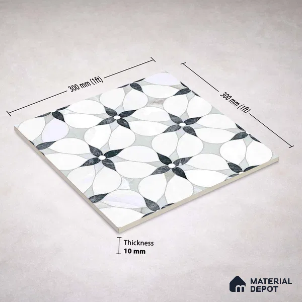 Moroccan Carving Wall & Floor Tile TL 11669 Petal Noir 1 ft x 1 ft Ceramic Carving Matte Finish Tile - 10 mm | Suitable For Bathroom, Dining Area, Kitchen