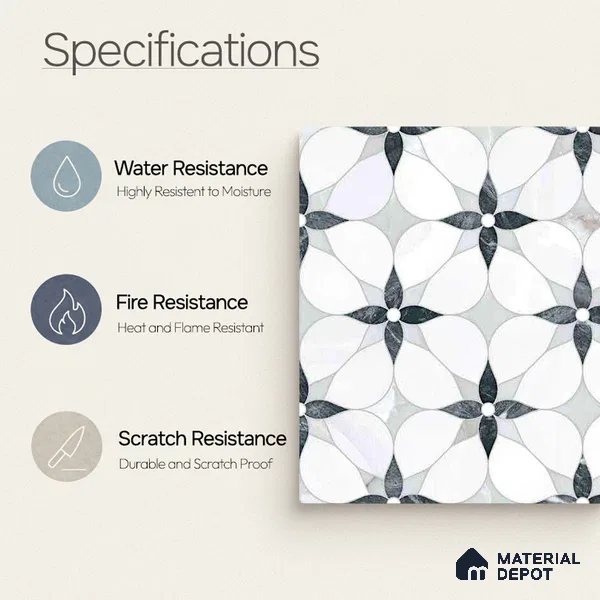 Moroccan Carving Wall & Floor Tile TL 11669 Petal Noir 1 ft x 1 ft Ceramic Carving Matte Finish Tile - 10 mm | Suitable For Bathroom, Dining Area, Kitchen