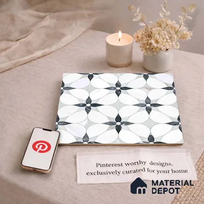 Moroccan Carving Wall & Floor Tile TL 11669 Petal Noir 1 ft x 1 ft Ceramic Carving Matte Finish Tile - 10 mm | Suitable For Bathroom, Dining Area, Kitchen