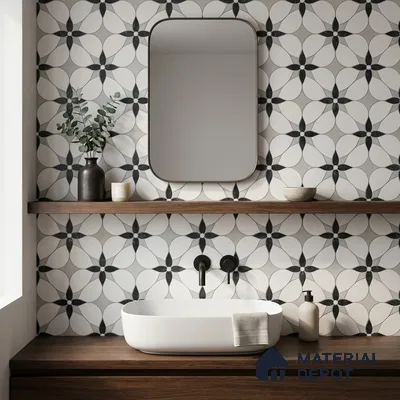 Moroccan Carving Wall & Floor Tile TL 11669 Petal Noir 1 ft x 1 ft Ceramic Carving Matte Finish Tile - 10 mm | Suitable For Bathroom, Dining Area, Kitchen