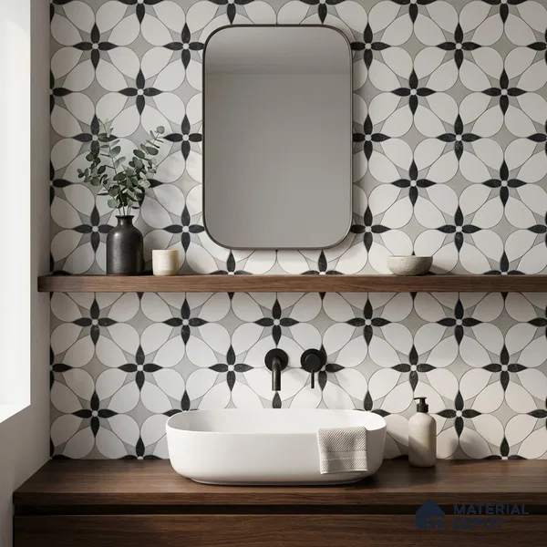 Moroccan Carving Wall & Floor Tile TL 11669 Petal Noir 1 ft x 1 ft Ceramic Carving Matte Finish Tile - 10 mm | Suitable For Bathroom, Dining Area, Kitchen