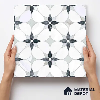 Moroccan Carving Wall & Floor Tile TL 11669 Petal Noir 1 ft x 1 ft Ceramic Carving Matte Finish Tile - 10 mm | Suitable For Bathroom, Dining Area, Kitchen