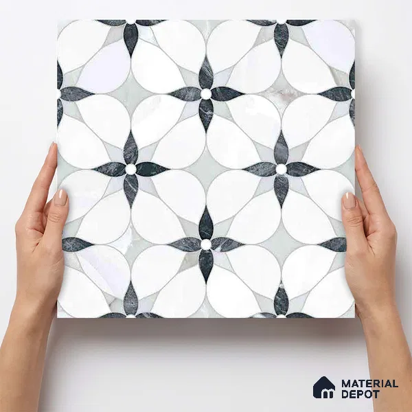 Moroccan Carving Wall & Floor Tile TL 11669 Petal Noir 1 ft x 1 ft Ceramic Carving Matte Finish Tile - 10 mm | Suitable For Bathroom, Dining Area, Kitchen