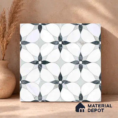 Moroccan Carving Wall & Floor Tile TL 11669 Petal Noir 1 ft x 1 ft Ceramic Carving Matte Finish Tile - 10 mm | Suitable For Bathroom, Dining Area, Kitchen