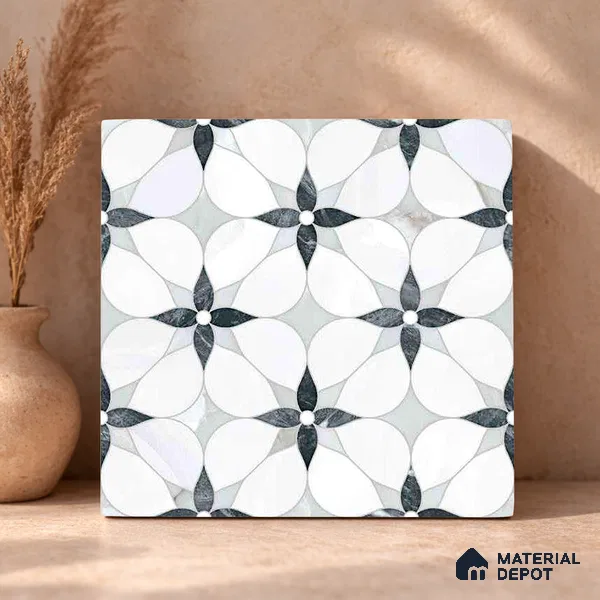 Moroccan Carving Wall & Floor Tile TL 11669 Petal Noir 1 ft x 1 ft Ceramic Carving Matte Finish Tile - 10 mm | Suitable For Bathroom, Dining Area, Kitchen