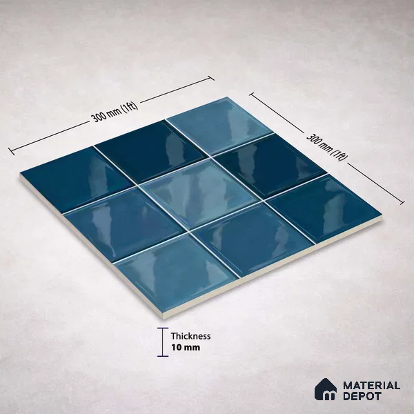 Faux Subway Wall Tile TL 11313 Azure Depths 1 ft x 1 ft Ceramic Glossy Finish Tile - 10 mm | Suitable For Bathroom, Balcony & Kitchen Backsplash (Sample)