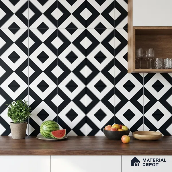 Moroccan Monochrome Wall & Floor Tile TL 11139 Noir Matrix 1 ft x 1 ft Ceramic Matte Finish Tile - 10 mm | Suitable For Kitchen, Bathroom, Balcony