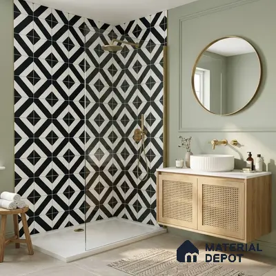 Modern bathroom walkthrough with black-and-white geometric wall tiles and cane-front floating vanity