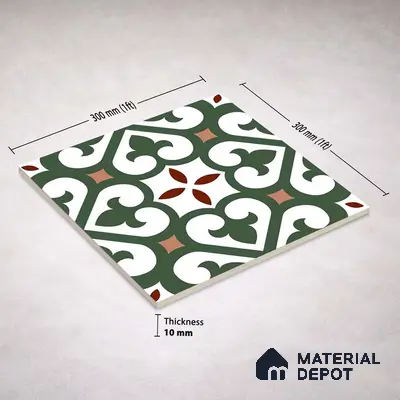 Moroccan Wall & Floor Tile TL 11111 Verdant Fleur 1 ft x 1 ft Ceramic Matte Finish Tile - 10 mm | Suitable For Bathroom, Balcony & Kitchen Backsplash