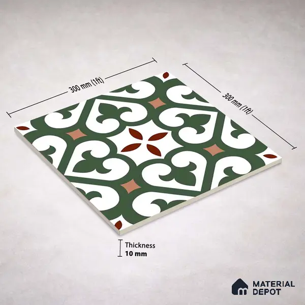 Moroccan Wall & Floor Tile TL 11111 Verdant Fleur 1 ft x 1 ft Ceramic Matte Finish Tile - 10 mm | Suitable For Bathroom, Balcony & Kitchen Backsplash