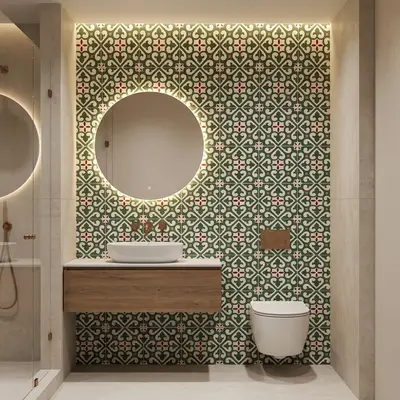 Modern kitchen walkthrough with sage green laminate cabinets, moroccan patterned backsplash tile, and white marble countertop