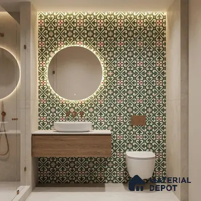 Modern kitchen walkthrough with sage green laminate cabinets, moroccan patterned backsplash tile, and white marble countertop