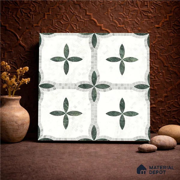 Moroccan Carving Wall & Floor Tile TL 11672 Emerald Courtyard 1 ft x 1 ft Ceramic Carving Matte Finish Tile - 10 mm | Suitable For Bathroom, Dining Area, Kitchen