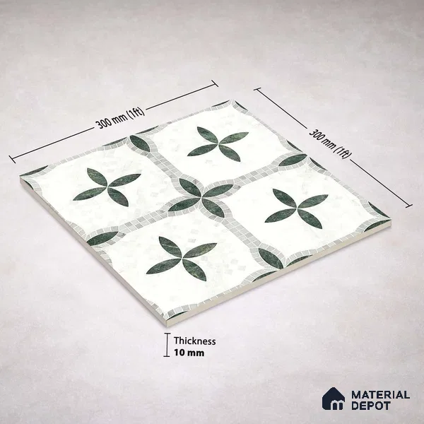 Moroccan Carving Wall & Floor Tile TL 11672 Emerald Courtyard 1 ft x 1 ft Ceramic Carving Matte Finish Tile - 10 mm | Suitable For Bathroom, Dining Area, Kitchen