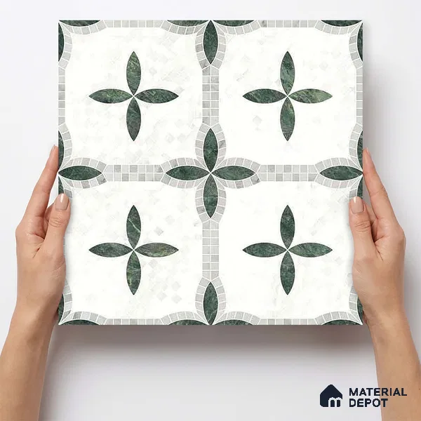Moroccan Carving Wall & Floor Tile TL 11672 Emerald Courtyard 1 ft x 1 ft Ceramic Carving Matte Finish Tile - 10 mm | Suitable For Bathroom, Dining Area, Kitchen