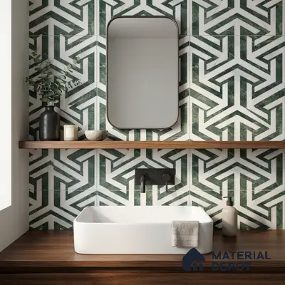Modern bathroom walkthrough with green geometric wall tiles and walnut wood countertop