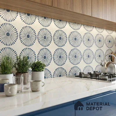 Modern bathroom walkthrough with blue geometric patterned wall tiles and walnut wood vanity