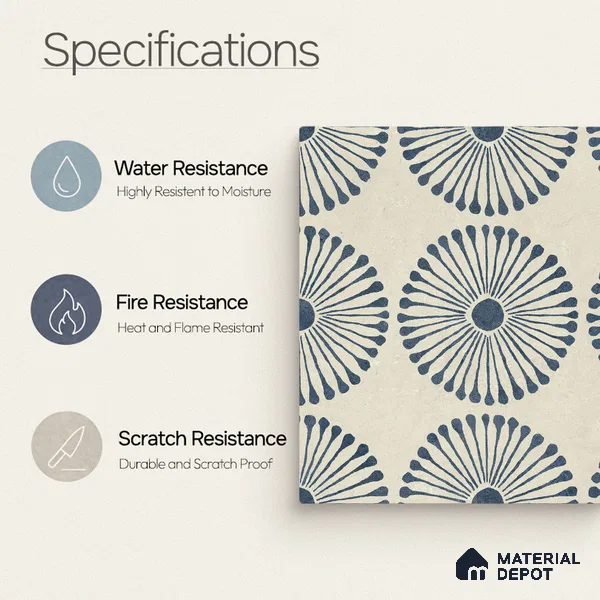Moroccan Wall & Floor Highlighter 1 Tile TL 11190 Indigo Bloom 1 ft x 1 ft Ceramic Matte Finish Tile - 10 mm | Suitable For Kitchen, Bathroom, Balcony
