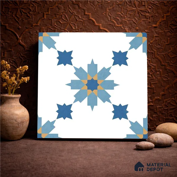 Moroccan Wall & Floor Tile TL 11122 Azure Star 1 ft x 1 ft Ceramic Matte Finish Tile - 10 mm | Suitable For Kitchen, Bathroom, Balcony